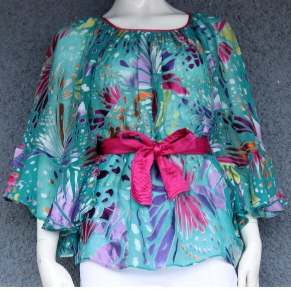 Catherine Malandrino Women's Size 4 Green Pink Blouse Floral Belted Silk Shirt - Picture 2 of 6